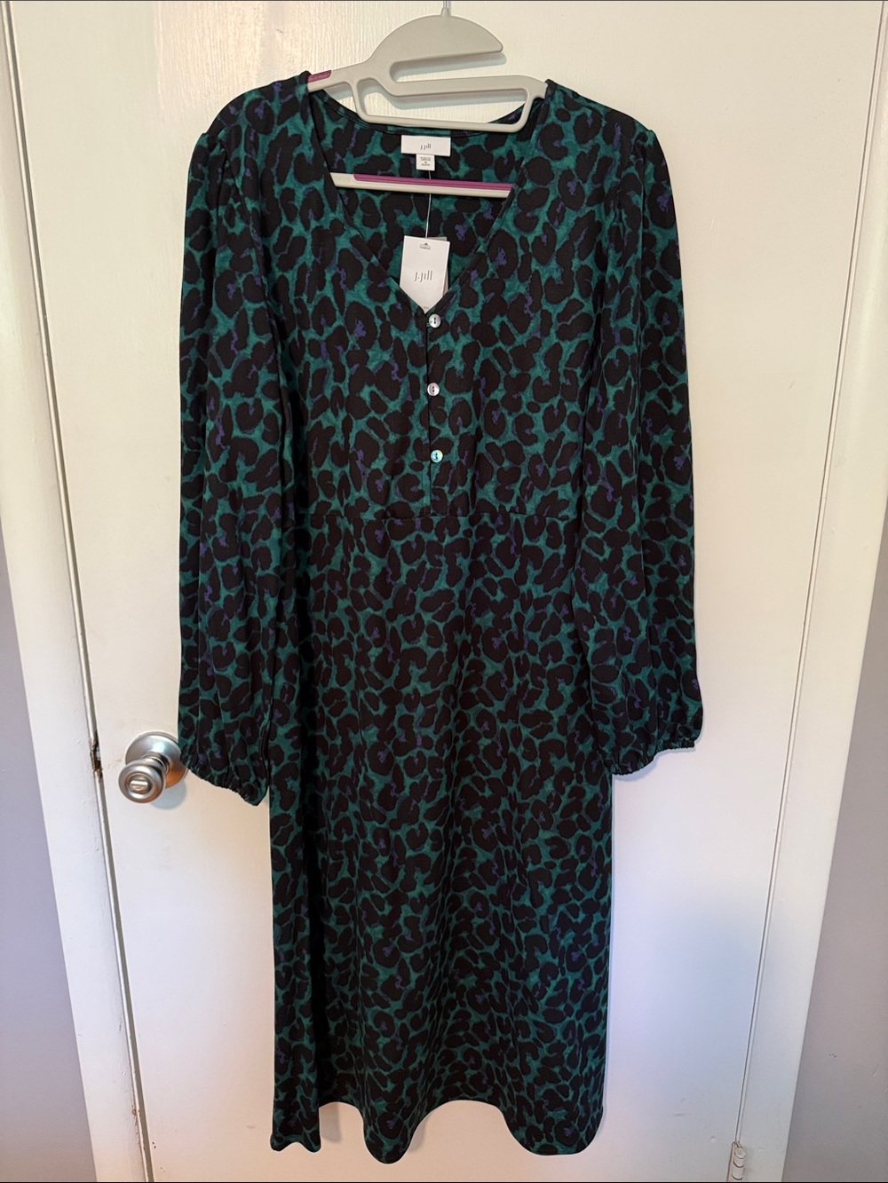 NWT J Jill Teal and Black Leopard-Print Long Sleeve Midi Dress